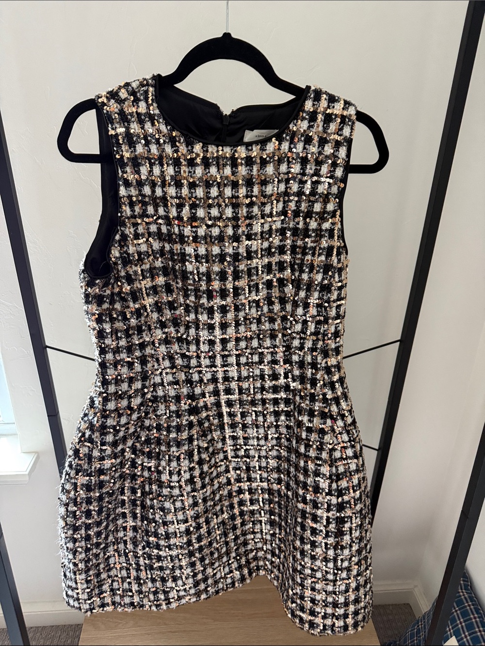 Sleeveless Tweed Mini Dress in Black & Cream